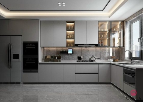 Tủ bếp chữ L phủ Melamin hãng An Cường